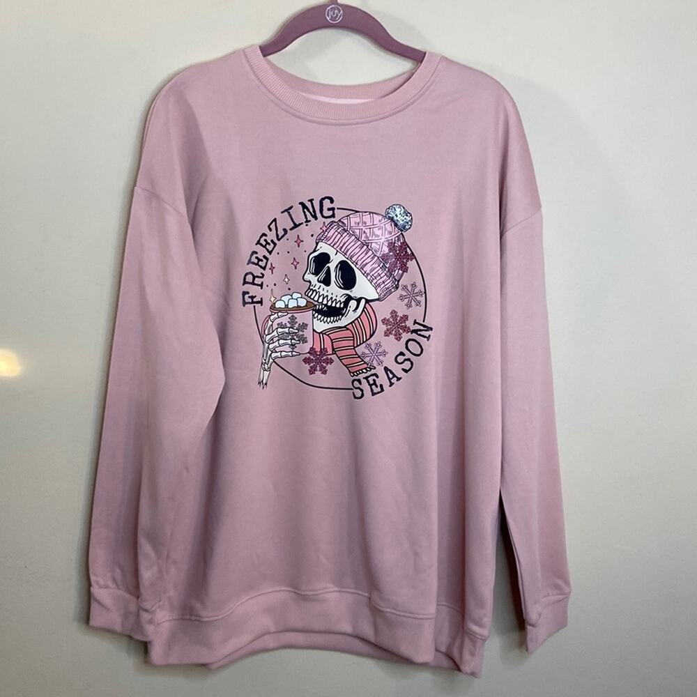 New Pink Skull & Snowflake Pullover SweatShirt "Freezing Season" Large Comfy - Picture 2 of 5